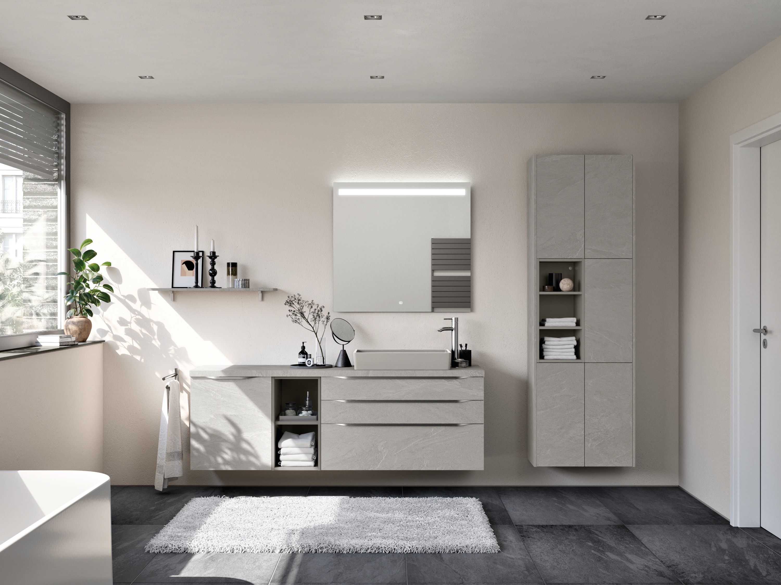 Weiße Badmöbel, Waschbeckenunterschrank mit Regal und Hochschrank