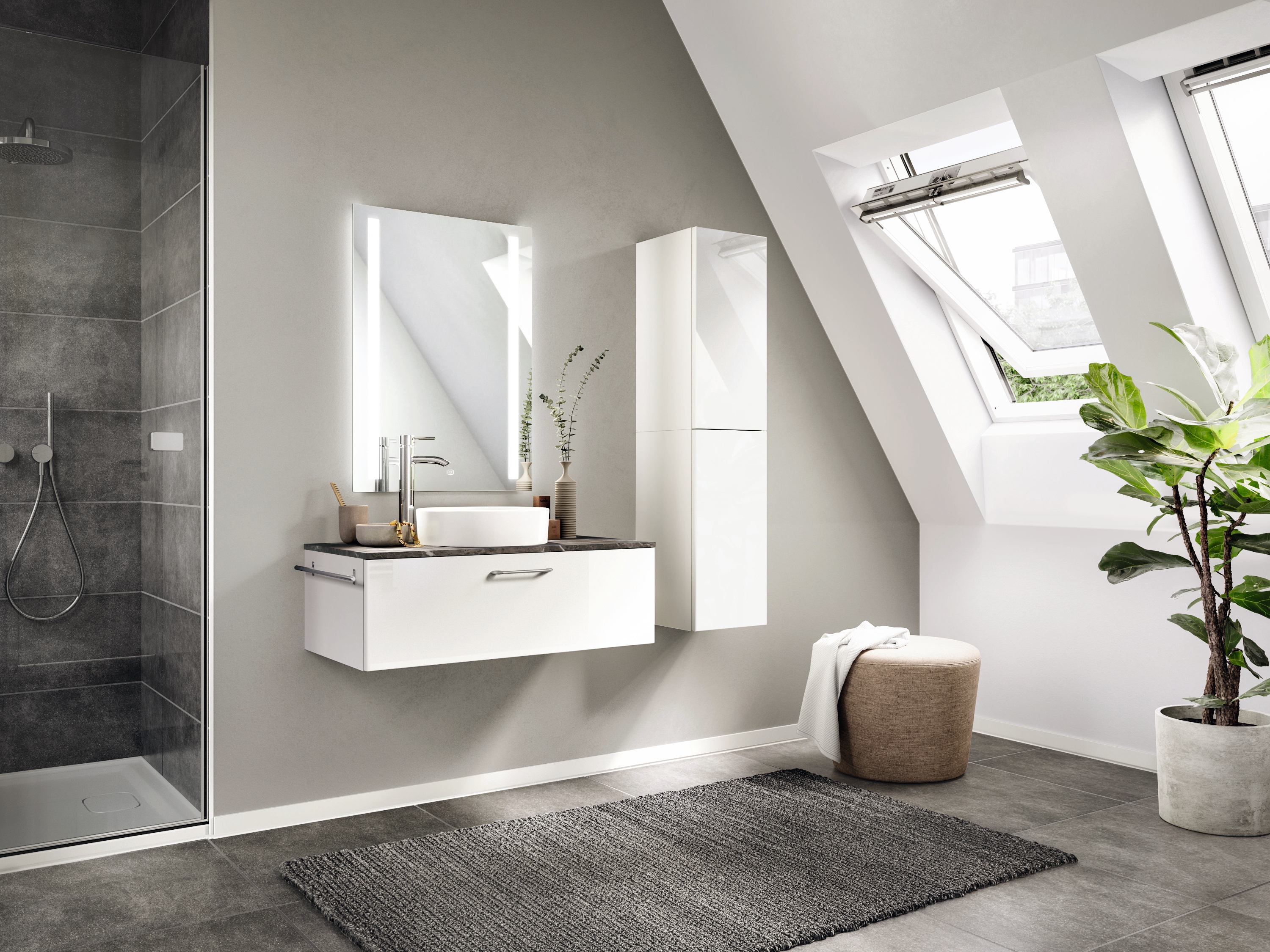 Waschbeckenschrank hängend mit aufgesetztem Becken und ein hängender Schrank + Spiegel