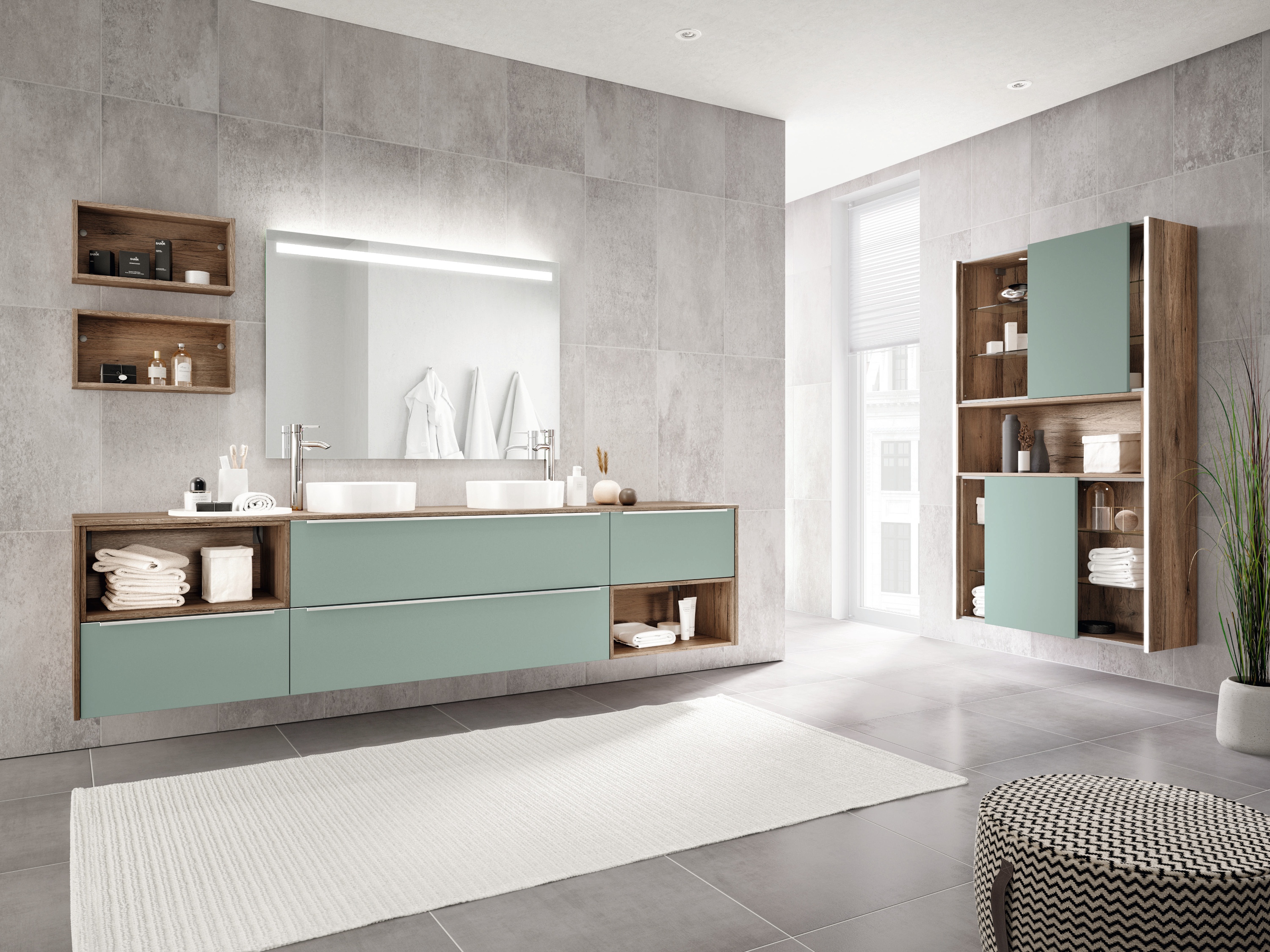 Badezimmermöbel in grün und Holz