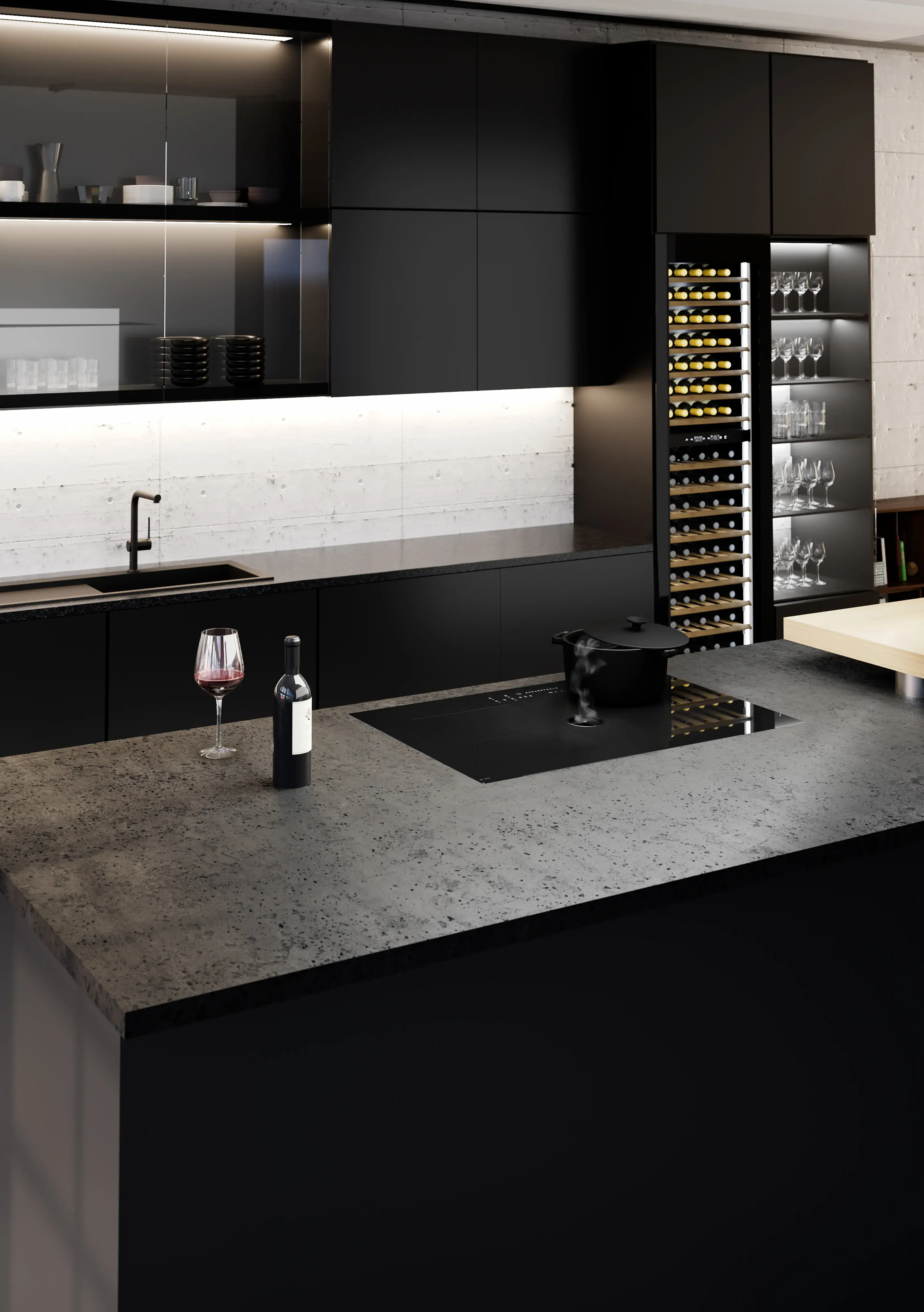 CASO Design schwarze Küche mit Kochinsel Kochfeld mit Kochfeldabzug Weinklimaschrank